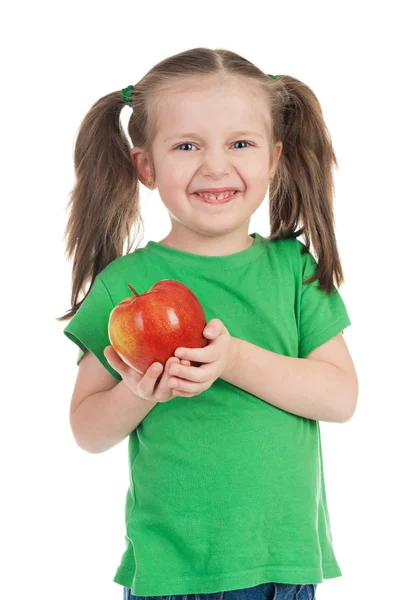 Mädchen mit Apfel auf Weiß — Stockfoto