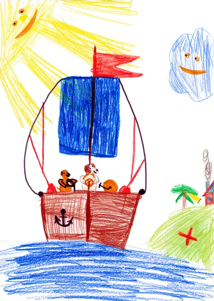 Dog on sailboat. child's drawing. — Stock Photo, Image