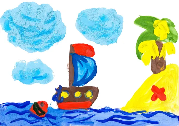 Segelboot und Insel. Kinderzeichnung. — Stockfoto