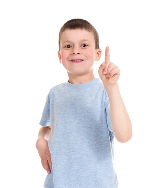 Boy points finger up — Stock Photo, Image