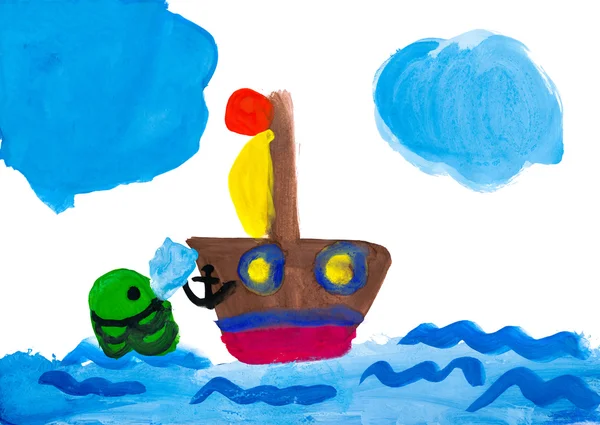 Child's drawing. ship wirh whale — Stock Photo, Image