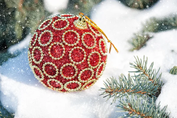 Красный рождественский бал на зимней елке со снегопадом — стоковое фото