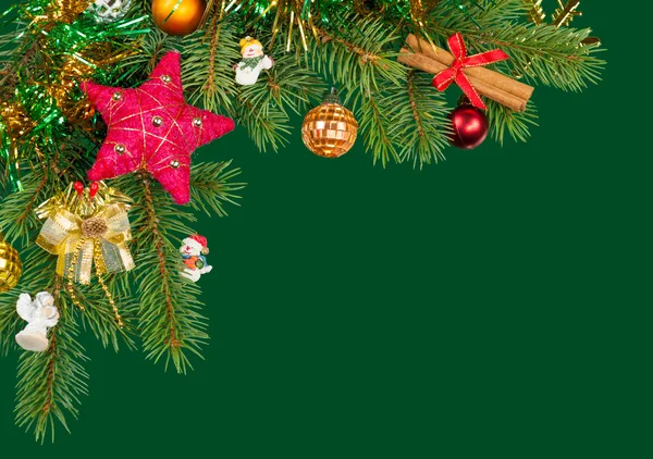 Christmas background. fir branches and cones on green — Stock Photo, Image