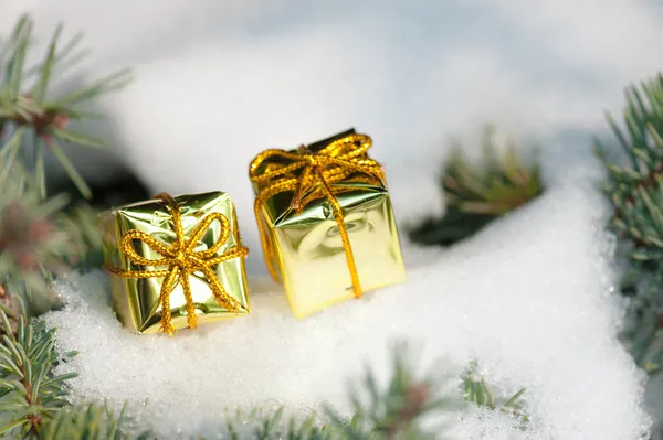 Scatole regalo su albero invernale con neve — Foto Stock