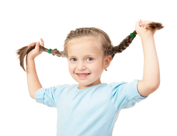 Sorridente menina retrato com tranças no branco — Fotografia de Stock