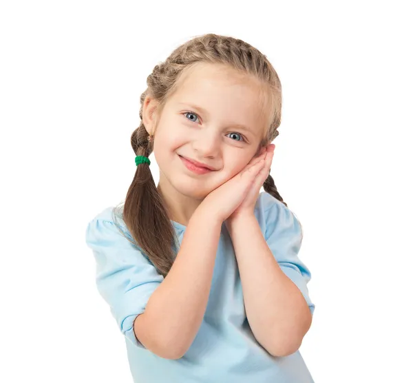 Portrait de fille souriant avec des tresses sur blanc — Photo