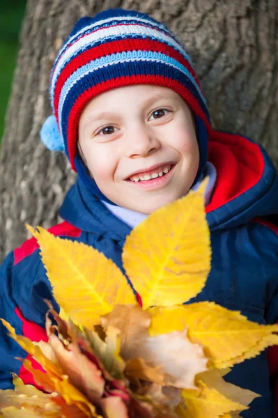 Lächelndes Jungenporträt im Herbstpark — Stockfoto