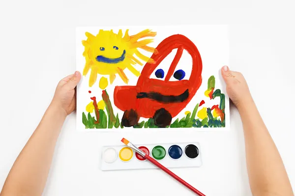 Child draws the car watercolors — Stock Photo, Image