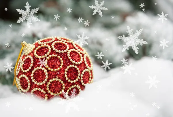 Rode Kerstmis bal op fir boom met sneeuw — Stockfoto