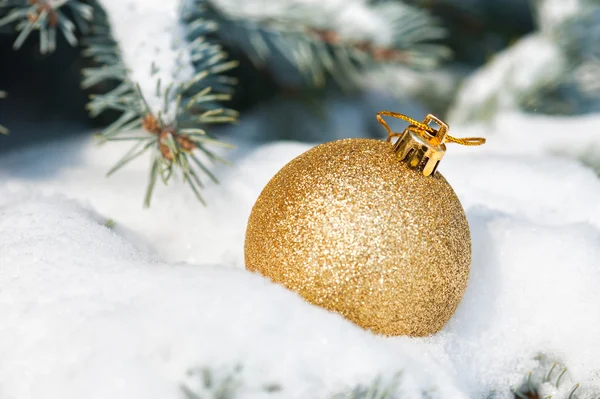 Golden christmas ball toy in snow on fir tree — Stock Photo, Image