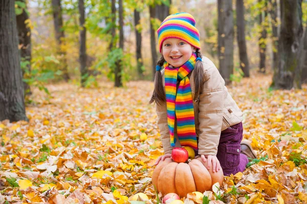 Meisje in herfst park met pompoen en appels — Stockfoto
