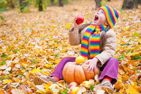 Chica en el parque de otoño con calabaza y manzanas — Foto de Stock