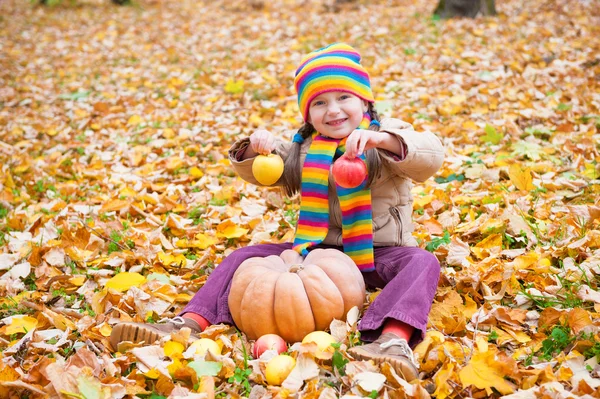 Chica en el parque de otoño con calabaza y manzanas — Foto de Stock