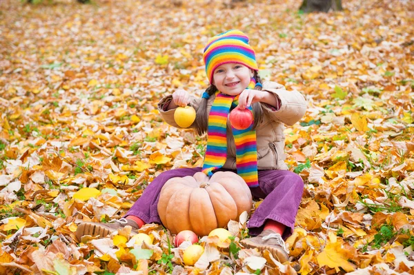 Fille dans le parc d'automne avec citrouille et pommes — Photo