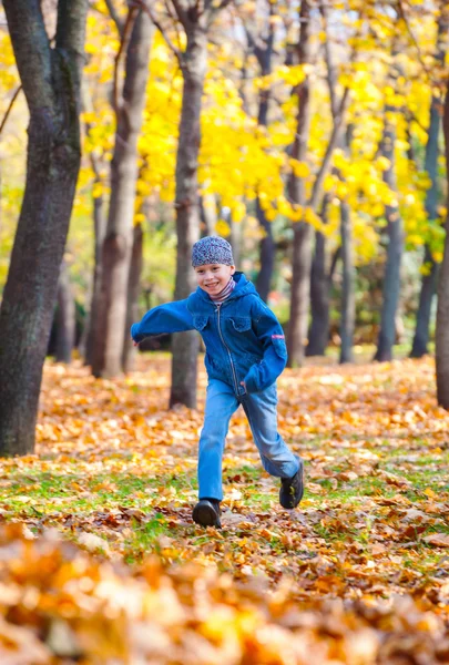 Мальчик бегает в осеннем парке — стоковое фото