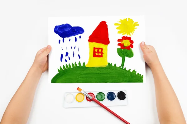 Child draws the home watercolors — Stock Photo, Image