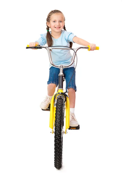 在隔离的自行车上的女孩 — 图库照片