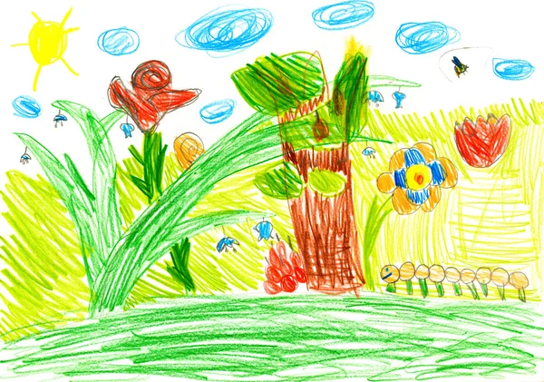 Macro life on a summer meadow. child's drawing. — Stock Photo, Image