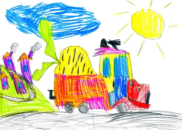 Truck carries harvest. child's drawing. — Stock Photo, Image