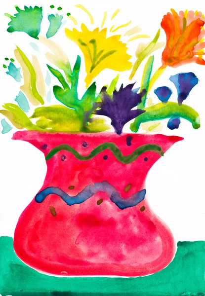 Vase avec des fleurs. dessin d'enfant . — Photo