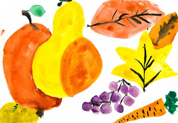 Fruits and leaves. autumn theme. child's drawing. — Stock Photo, Image