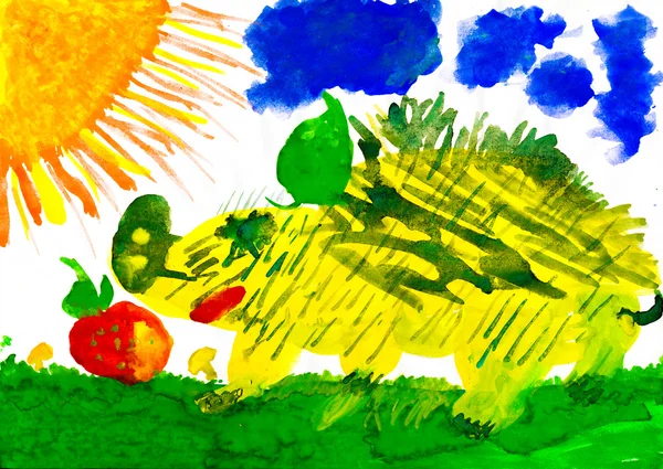 Ежик собирает урожай. детский рисунок — стоковое фото