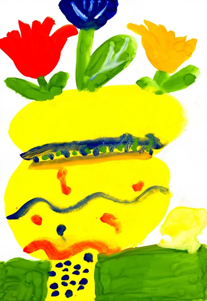 Ваза с цветами. детский рисунок . — стоковое фото