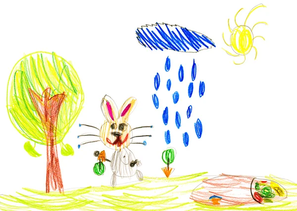 Rabbit with carrot on a meadow. child drawing — Stock Photo, Image