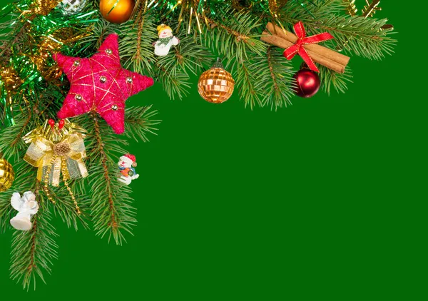 Christmas background. fir branches and cones on green — Stock Photo, Image