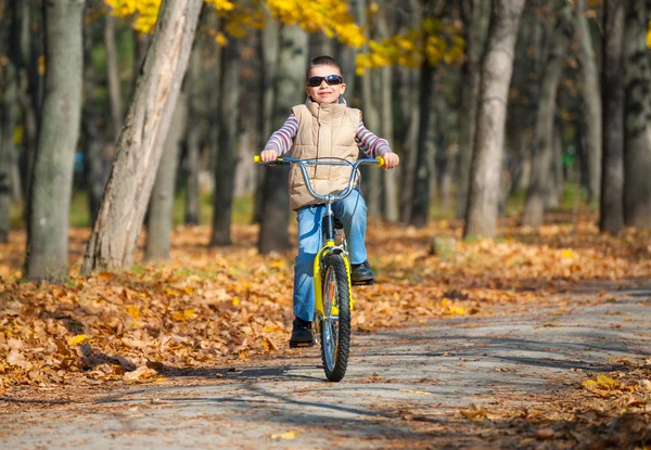 Ragazzo cavalca una bicicletta nel parco — Foto Stock