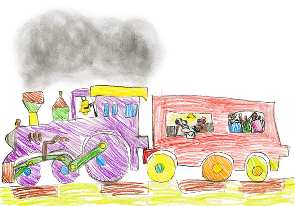 Steam train with dog and gift. child drawing — Stock Photo, Image