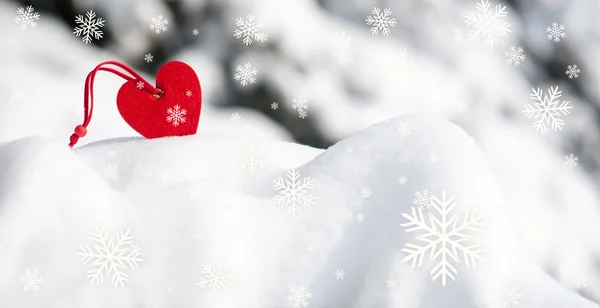 Red heart toy in snowfall on fir tree — Stock Photo, Image