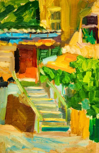 Pittura ad olio su tela. Vecchio patio della città — Foto Stock