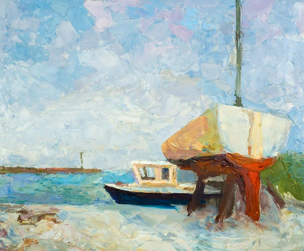Oil painting on canvas. Yacht and ship — Stock Image Oil painting on canvas. Yacht and ship Stock Image