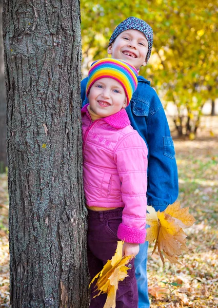 Lächelndes Kinderporträt im Herbstpark — Stockfoto