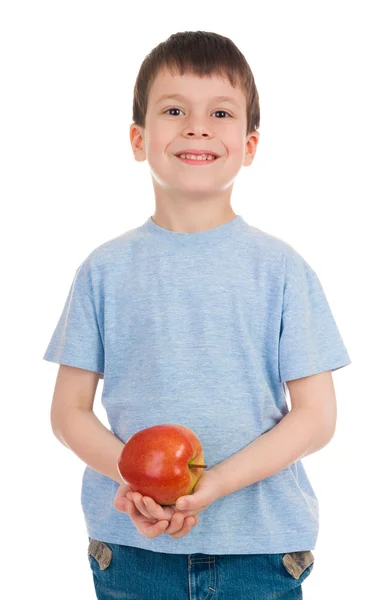 Junge mit Apfel isoliert — Stockfoto