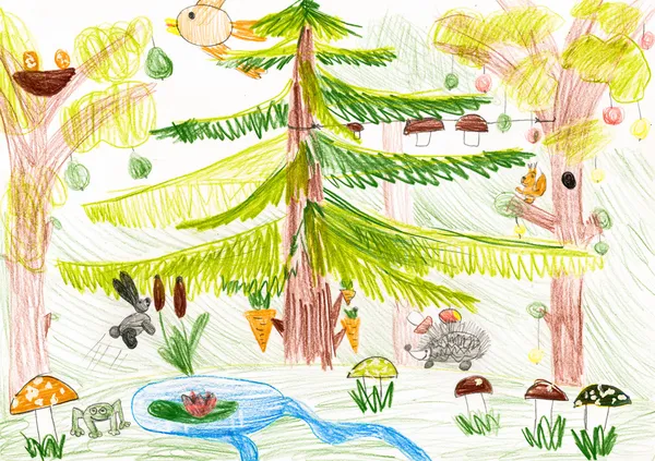 Лесная дикая природа. рисование детей — стоковое фото
