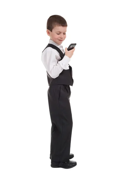 Boy in suit dial on phone — Stock Photo, Image