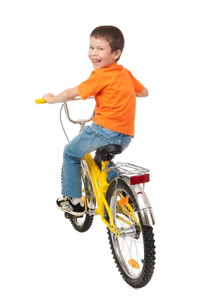 Menino na bicicleta isolado no branco — Fotografia de Stock