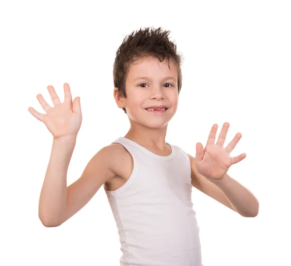 Wet hair boy with emotion on white — Stock Photo, Image