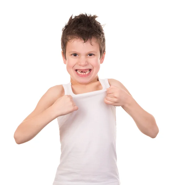 Wet hair boy with emotion on white — Stock Photo, Image