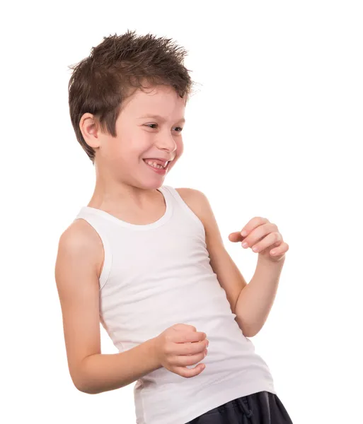 Molhado cabelo menino com emoção no branco — Fotografia de Stock