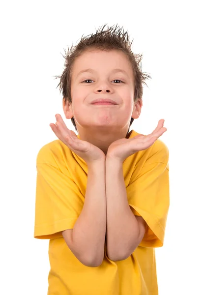 Wet hair boy with emotion on white — Stock Photo, Image