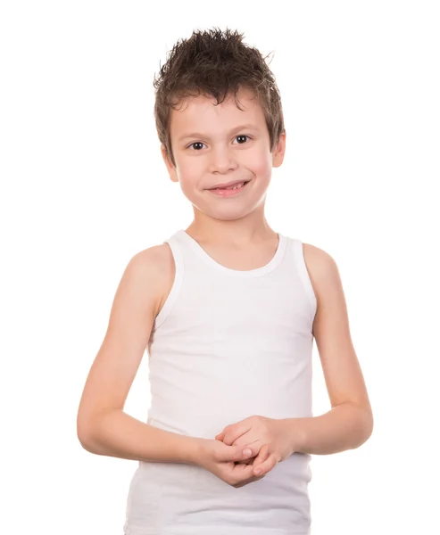 Bagnato capelli ragazzo con emozione su bianco — Foto Stock