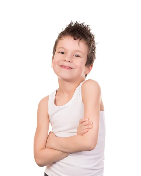 Molhado cabelo menino com emoção no branco — Fotografia de Stock