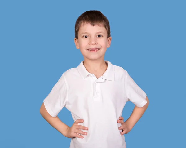 Boy portrait in white shirt on blue — Stock Photo, Image
