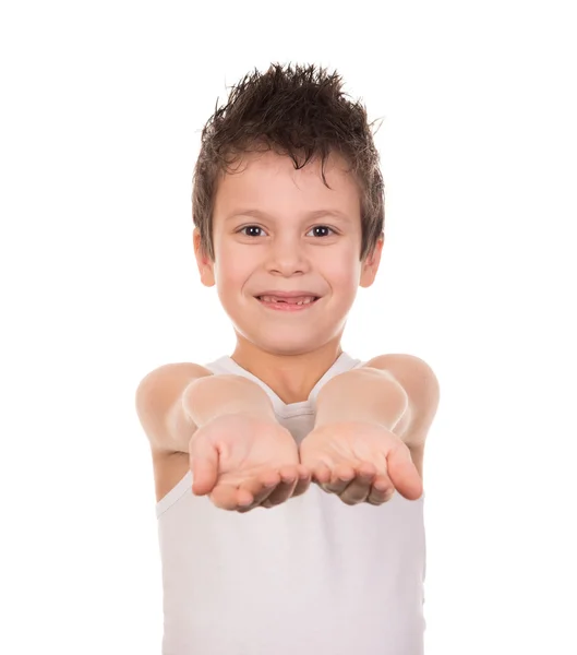 Molhado cabelo menino com emoção no branco — Fotografia de Stock