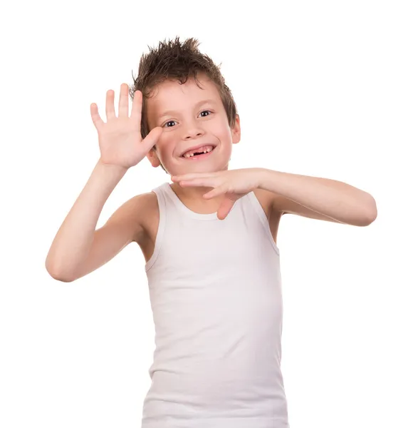 Wet hair boy with emotion on white — Stock Photo, Image