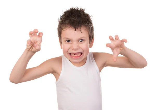 Molhado cabelo menino com emoção no branco — Fotografia de Stock