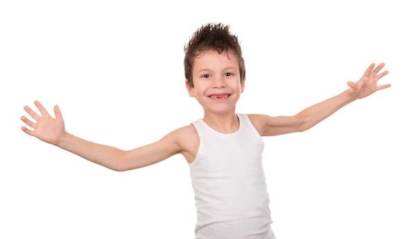 Molhado cabelo menino com emoção no branco — Fotografia de Stock